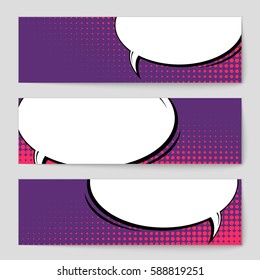 Abstract creative concept vector comic pop art style blank, layout template with clouds beams and isolated dots background. For sale banner, empty speech bubble set, illustration halftone book design
