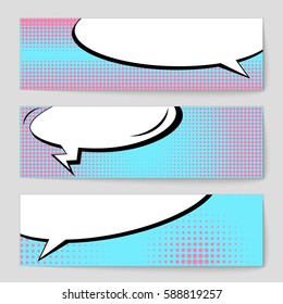 Abstract creative concept vector comic pop art style blank, layout template with clouds beams and isolated dots background. For sale banner, empty speech bubble set, illustration halftone book design