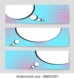 Abstract creative concept vector comic pop art style blank, layout template with clouds beams and isolated dots background. For sale banner, empty speech bubble set, illustration halftone book design