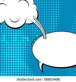 Abstract creative concept vector comic pop art style blank, layout template with clouds beams and isolated dots background. For sale banner, empty speech bubble set, illustration halftone book design