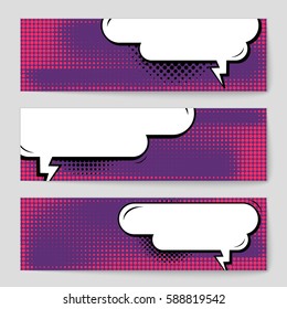 Abstract creative concept vector comic pop art style blank, layout template with clouds beams and isolated dots background. For sale banner, empty speech bubble set, illustration halftone book design