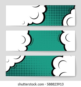 Abstract creative concept vector comic pop art style blank, layout template with clouds beams and isolated dots background. For sale banner, empty speech bubble set, illustration halftone book design