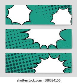 Abstract creative concept vector comic pop art style blank, layout template with clouds beams and isolated dots background. For sale banner, empty speech bubble set, illustration halftone book design