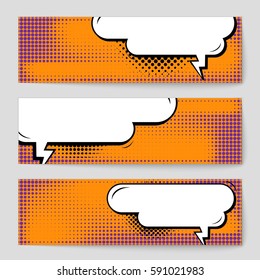 Abstract creative concept vector comic pop art style blank, layout template with clouds beams and isolated dots background. For sale banner, empty speech bubble set, illustration halftone book design