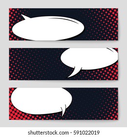 Abstract creative concept vector comic pop art style blank, layout template with clouds beams and isolated dots background. For sale banner, empty speech bubble set, illustration halftone book design