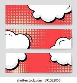 Abstract creative concept vector comic pop art style blank, layout template with clouds beams and isolated dots background. For sale banner, empty speech bubble set, illustration halftone book design