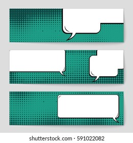 Abstract creative concept vector comic pop art style blank, layout template with clouds beams and isolated dots background. For sale banner, empty speech bubble set, illustration halftone book design