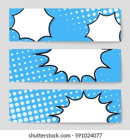Abstract creative concept vector comic pop art style blank, layout template with clouds beams and isolated dots background. For sale banner, empty speech bubble set, illustration halftone book design