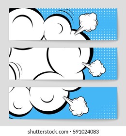 Abstract creative concept vector comic pop art style blank, layout template with clouds beams and isolated dots background. For sale banner, empty speech bubble set, illustration halftone book design