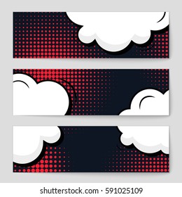 Abstract creative concept vector comic pop art style blank, layout template with clouds beams and isolated dots background. For sale banner, empty speech bubble set, illustration halftone book design