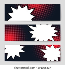 Abstract creative concept vector comic pop art style blank, layout template with clouds beams and isolated dots background. For sale banner, empty speech bubble set, illustration halftone book design