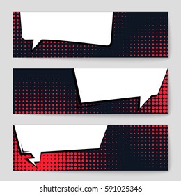 Abstract creative concept vector comic pop art style blank, layout template with clouds beams and isolated dots background. For sale banner, empty speech bubble set, illustration halftone book design