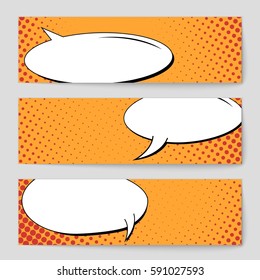 Abstract creative concept vector comic pop art style blank, layout template with clouds beams and isolated dots background. For sale banner, empty speech bubble set, illustration halftone book design