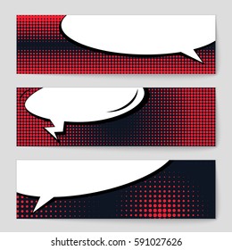 Abstract creative concept vector comic pop art style blank, layout template with clouds beams and isolated dots background. For sale banner, empty speech bubble set, illustration halftone book design