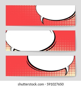 Abstract creative concept vector comic pop art style blank, layout template with clouds beams and isolated dots background. For sale banner, empty speech bubble set, illustration halftone book design