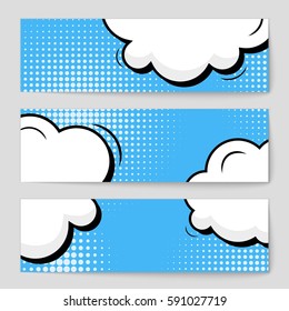 Abstract creative concept vector comic pop art style blank, layout template with clouds beams and isolated dots background. For sale banner, empty speech bubble set, illustration halftone book design