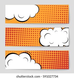 Abstract creative concept vector comic pop art style blank, layout template with clouds beams and isolated dots background. For sale banner, empty speech bubble set, illustration halftone book design