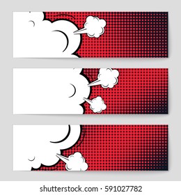 Abstract creative concept vector comic pop art style blank, layout template with clouds beams and isolated dots background. For sale banner, empty speech bubble set, illustration halftone book design