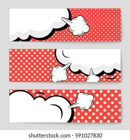 Abstract creative concept vector comic pop art style blank, layout template with clouds beams and isolated dots background. For sale banner, empty speech bubble set, illustration halftone book design