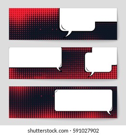 Abstract creative concept vector comic pop art style blank, layout template with clouds beams and isolated dots background. For sale banner, empty speech bubble set, illustration halftone book design