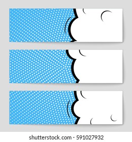 Abstract creative concept vector comic pop art style blank, layout template with clouds beams and isolated dots background. For sale banner, empty speech bubble set, illustration halftone book design