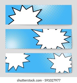 Abstract creative concept vector comic pop art style blank, layout template with clouds beams and isolated dots background. For sale banner, empty speech bubble set, illustration halftone book design