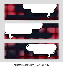 Abstract creative concept vector comic pop art style blank, layout template with clouds beams and isolated dots background. For sale banner, empty speech bubble set, illustration halftone book design