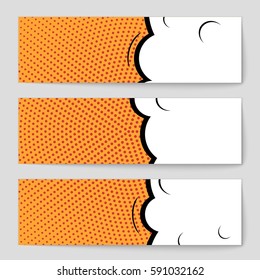 Abstract creative concept vector comic pop art style blank, layout template with clouds beams and isolated dots background. For sale banner, empty speech bubble set, illustration halftone book design