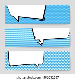 Abstract creative concept vector comic pop art style blank, layout template with clouds beams and isolated dots background. For sale banner, empty speech bubble set, illustration halftone book design