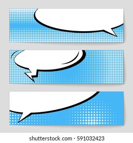 Abstract creative concept vector comic pop art style blank, layout template with clouds beams and isolated dots background. For sale banner, empty speech bubble set, illustration halftone book design