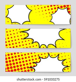Abstract creative concept vector comic pop art style blank, layout template with clouds beams and isolated dots background. For sale banner, empty speech bubble set, illustration halftone book design