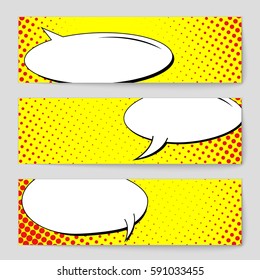 Abstract creative concept vector comic pop art style blank, layout template with clouds beams and isolated dots background. For sale banner, empty speech bubble set, illustration halftone book design