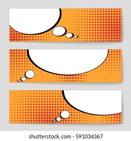 Abstract creative concept vector comic pop art style blank, layout template with clouds beams and isolated dots background. For sale banner, empty speech bubble set, illustration halftone book design