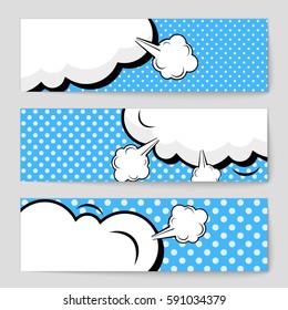 Abstract creative concept vector comic pop art style blank, layout template with clouds beams and isolated dots background. For sale banner, empty speech bubble set, illustration halftone book design