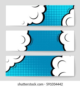 Abstract creative concept vector comic pop art style blank, layout template with clouds beams and isolated dots background. For sale banner, empty speech bubble set, illustration halftone book design