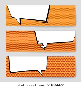 Abstract creative concept vector comic pop art style blank, layout template with clouds beams and isolated dots background. For sale banner, empty speech bubble set, illustration halftone book design