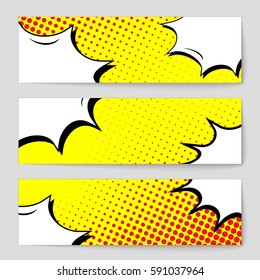 Abstract creative concept vector comic pop art style blank, layout template with clouds beams and isolated dots background. For sale banner, empty speech bubble set, illustration halftone book design
