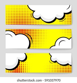 Abstract creative concept vector comic pop art style blank, layout template with clouds beams and isolated dots background. For sale banner, empty speech bubble set, illustration halftone book design