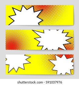 Abstract creative concept vector comic pop art style blank, layout template with clouds beams and isolated dots background. For sale banner, empty speech bubble set, illustration halftone book design