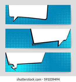 Abstract creative concept vector comic pop art style blank, layout template with clouds beams and isolated dots background. For sale banner, empty speech bubble set, illustration halftone book design