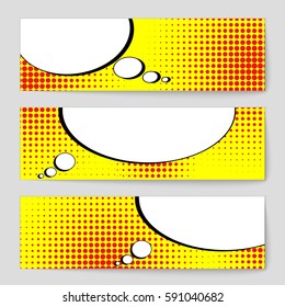 Abstract creative concept vector comic pop art style blank, layout template with clouds beams and isolated dots background. For sale banner, empty speech bubble set, illustration halftone book design