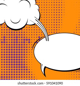 Abstract creative concept vector comic pop art style blank, layout template with clouds beams and isolated dots background. For sale banner, empty speech bubble set, illustration halftone book design