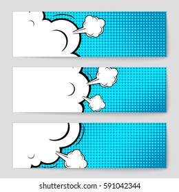 Abstract creative concept vector comic pop art style blank, layout template with clouds beams and isolated dots background. For sale banner, empty speech bubble set, illustration halftone book design