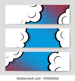 Abstract creative concept vector comic pop art style blank, layout template with clouds beams and isolated dots background. For sale banner, empty speech bubble set, illustration halftone book design