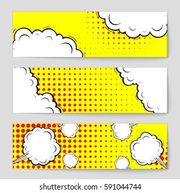 Abstract creative concept vector comic pop art style blank, layout template with clouds beams and isolated dots background. For sale banner, empty speech bubble set, illustration halftone book design