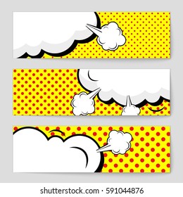 Concepto creativo abstracto estilo de arte pop gráfico vectorial en blanco, plantilla de diseño con vigas nubes y fondo de puntos aislados. Cartel de venta, juego de burbujas de voz vacías, diseño de libro de medio tono de ilustración