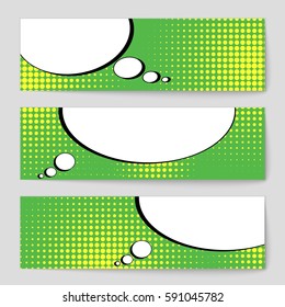 Abstract creative concept vector comic pop art style blank, layout template with clouds beams and isolated dots background. For sale banner, empty speech bubble set, illustration halftone book design