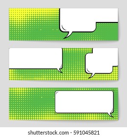 Abstract creative concept vector comic pop art style blank, layout template with clouds beams and isolated dots background. For sale banner, empty speech bubble set, illustration halftone book design