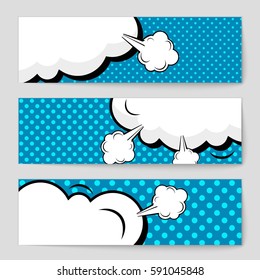 Abstract creative concept vector comic pop art style blank, layout template with clouds beams and isolated dots background. For sale banner, empty speech bubble set, illustration halftone book design
