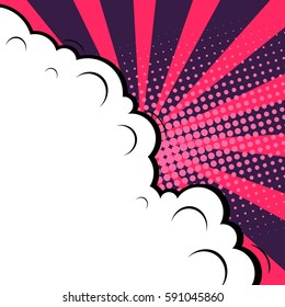 Abstract creative concept vector comic pop art style blank, layout template with clouds beams and isolated dots background. For sale banner, empty speech bubble set, illustration halftone book design